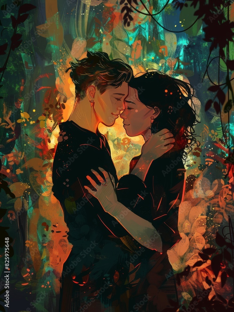 A genderqueer couple embracing tenderly, their love illuminated against a backdrop of rich, deep tones.