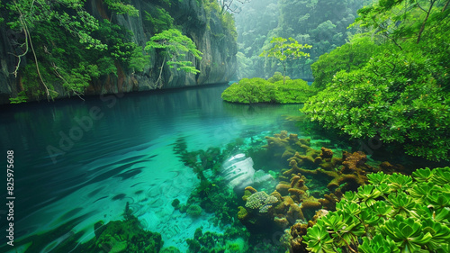 a tranquil lagoon surrounded by lush greenery and vibrant coral reefs teeming with marine life