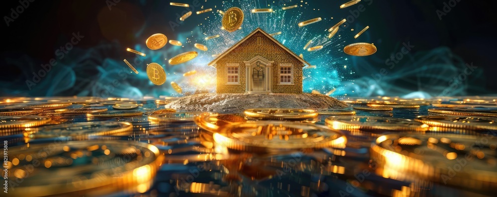Digital house investment concept with cryptocurrency coins floating around, representing modern financial technology advances.