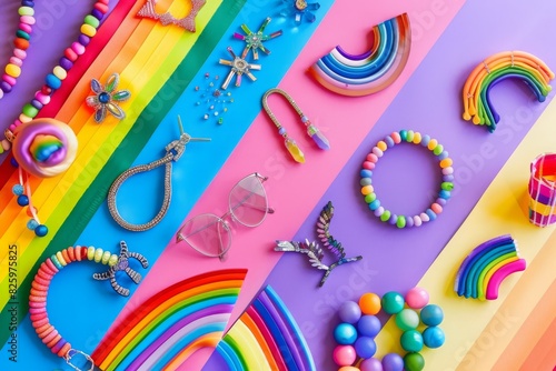 LGBTQ  pride accessories arranged artistically against a colorful backdrop  representing unity and solidarity within the community.