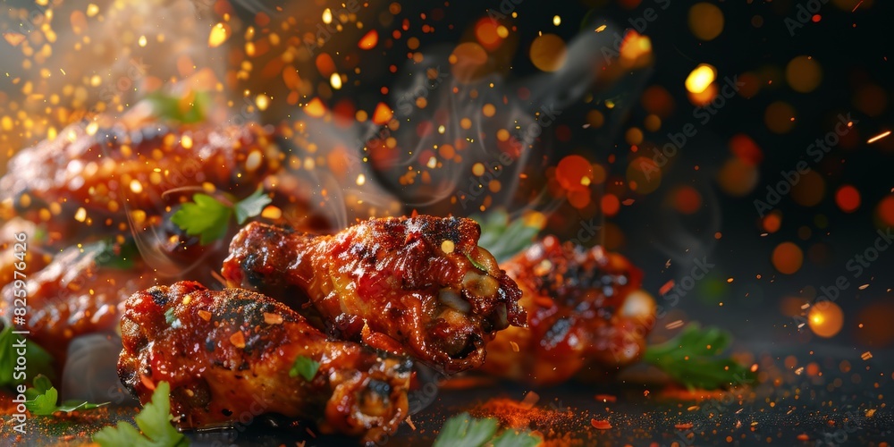 Freshly Cooked Chicken Wings With Seasoning on Black Background at Night Freshly Cooked Chicken Wings With Seasoning on Black Background at Night