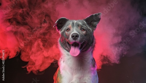 chien souriant dans un décor de fumée éclairée en rouge en ia photo