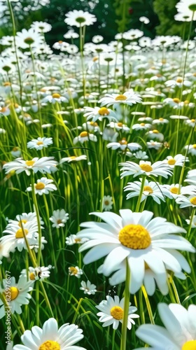 Beautiful Field of Daisies in Bloom  Picturesque Floral Landscape  Vibrant White and Yellow Flowers in Nature  Sunlit Summer Meadow
