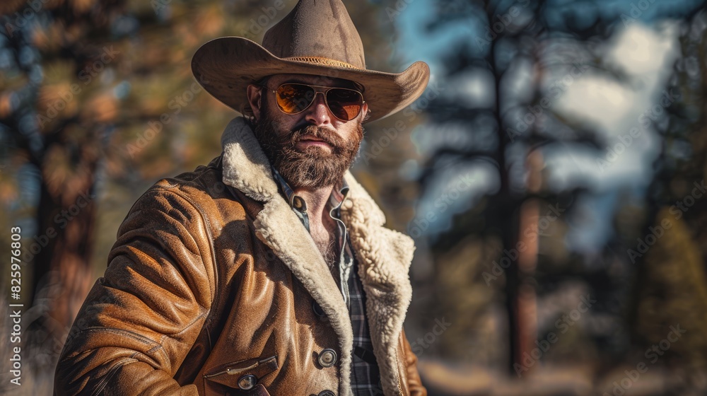 Bearded Man Wearing Cowboy Hat in Forested Area on a Sunny Day Bearded Man Wearing Cowboy Hat in Forested Area on a Sunny Day