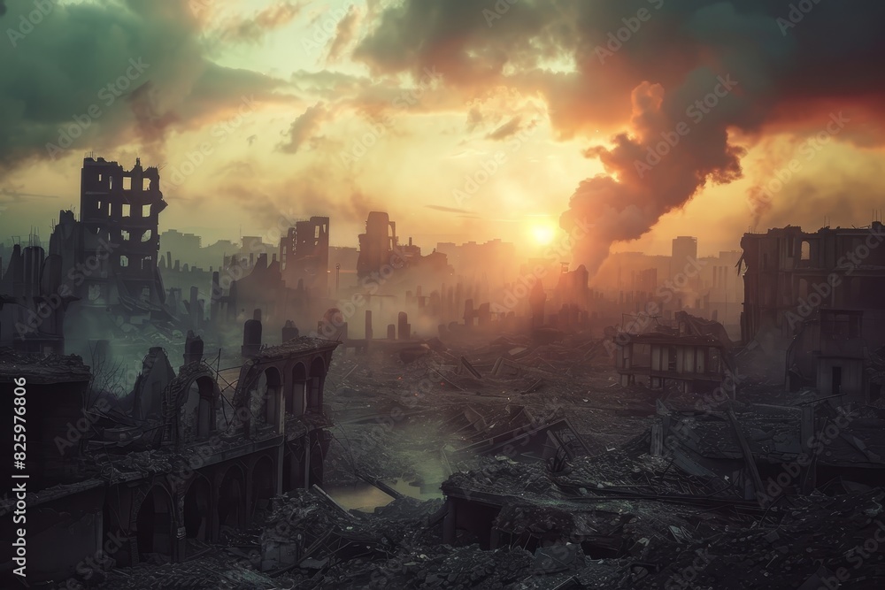 Fototapeta premium Fire and smoke - explosions in a ruined city during war - bombing or artillery rocket attack, damaged buildings in urban warfare 