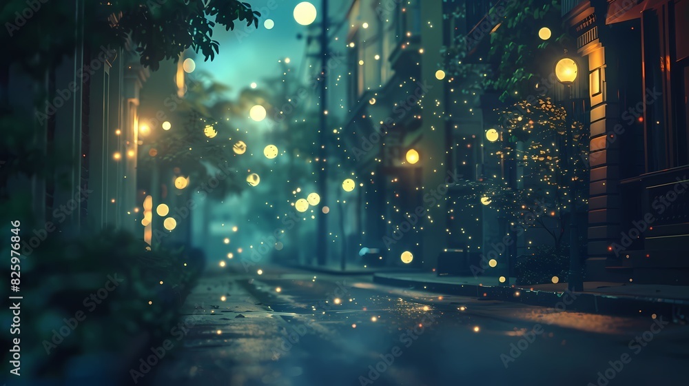 A serene scene of a quiet street at night, with a defocused background of gently glowing particles - A serene scene of a quiet street at night, with a defocused background of gently glowing particles -