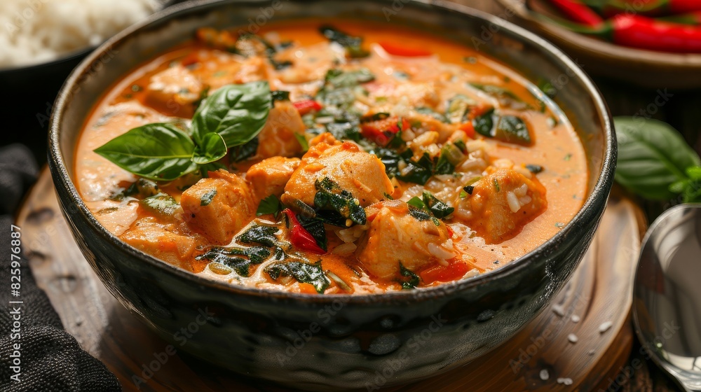 Exotic Thai curry with rice and herbs --ar 16:9 --stylize 250 Job ID: 0ce6c614-b967-46d4-8826-fad7c0700b62