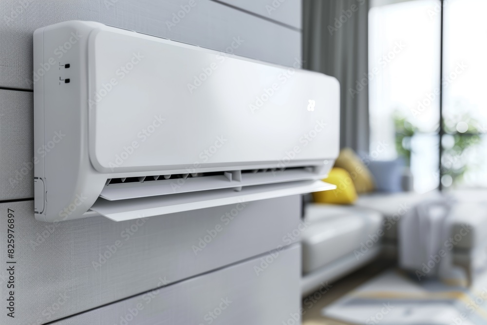 Sleek Air Conditioner Mounted on Living Room Wall During Daytime Sleek Air Conditioner Mounted on Living Room Wall During Daytime