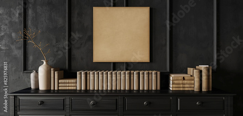 Sophisticated dark gallery with black wooden dresser  tan books  square poster. 3D rendering.