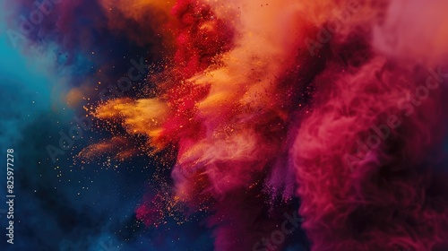 Explosion of powder on dark backdrop with vibrant colored haze Burst of colorful particles Holi paint scatter