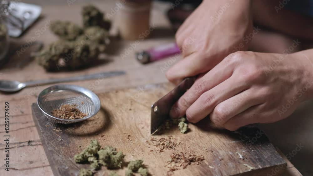 Close-up of a man preparing cannabis medicine for consumption. Man smokes cigarettes and marijuana to relax in a dark room. Marijuana addiction. International anti-drug day concept. Close-up of a man preparing cannabis medicine for consumption. Man smokes cigarettes and marijuana to relax in a dark room. Marijuana addiction. International anti-drug day concept.