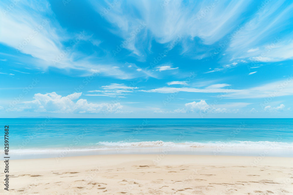 Fototapeta premium Sunlit Beach with Blue Sky and Ocean View