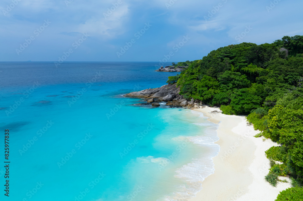 The white sand beach tropical with seashore as the island in a coral reef ,blue and turquoise sea Amazing nature landscape with blue lagoon