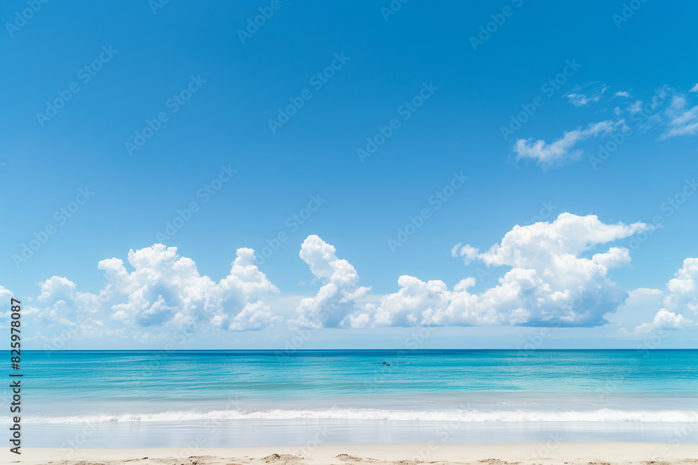 Fototapeta premium Sunlit Beach with Blue Sky and Ocean View