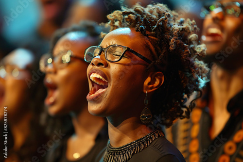 A young black woman with glasses singing in a choir photo