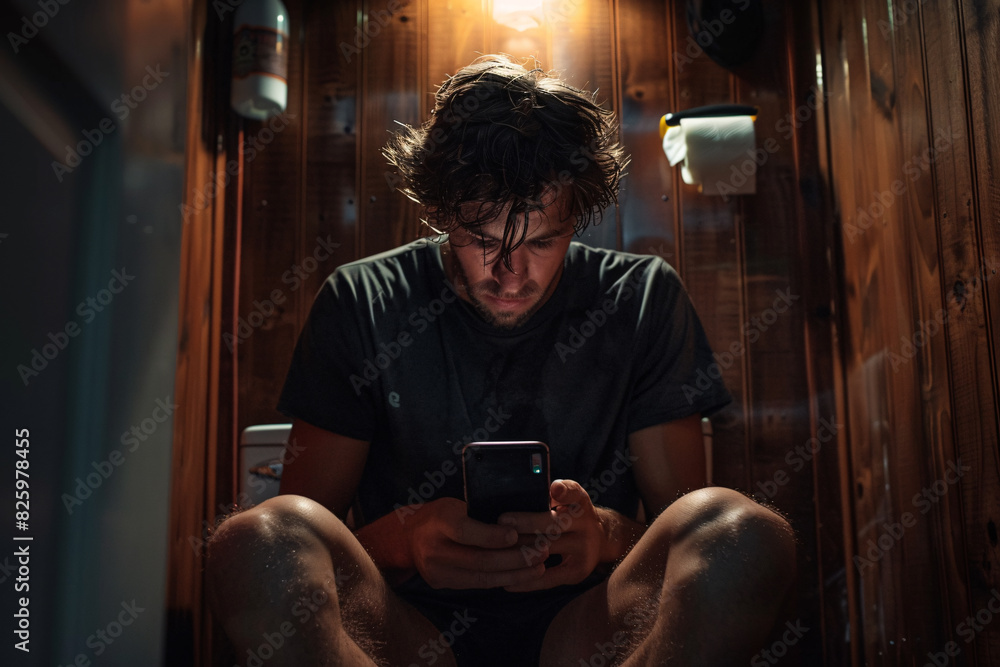 A man sitting on the toilet while looking at his phone A man sitting on the toilet while looking at his phone