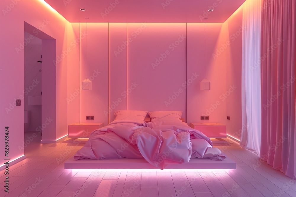 Modern bedroom interior design with pink walls and bright illumination. Hi-tech minimalism style. Modern bedroom interior design with pink walls and bright illumination. Hi-tech minimalism style.