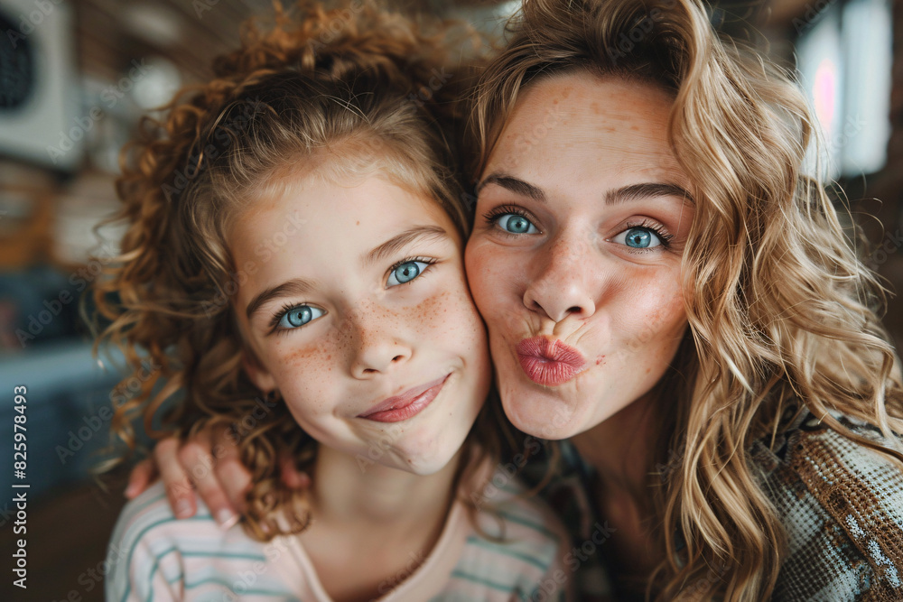 A mother and her daughter making silly faces together, duck face, mother-daughter relationship A mother and her daughter making silly faces together, duck face, mother-daughter relationship