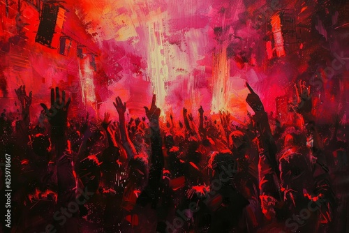 Euphoric Energy: Realistic Expressionism of an Energized Concert Crowd Under Vibrant Red Lights © kittipoj