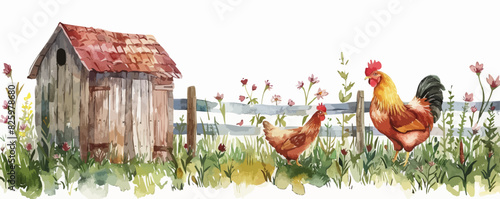 Chicken hen Farm Watercolor Hand Drawn Illustration