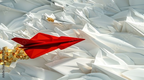 Regal Red Paper Plane Leading a Grand Parade of Whites A Whimsical of Vintage Toy Design Generative ai photo