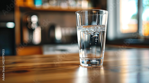 Glass of pure spring water on modern kitchen table, health concept 