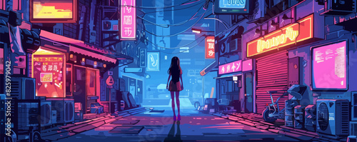girl in a cyberpunk city dressed in anime vector cartoon cyberpunk. vector simple