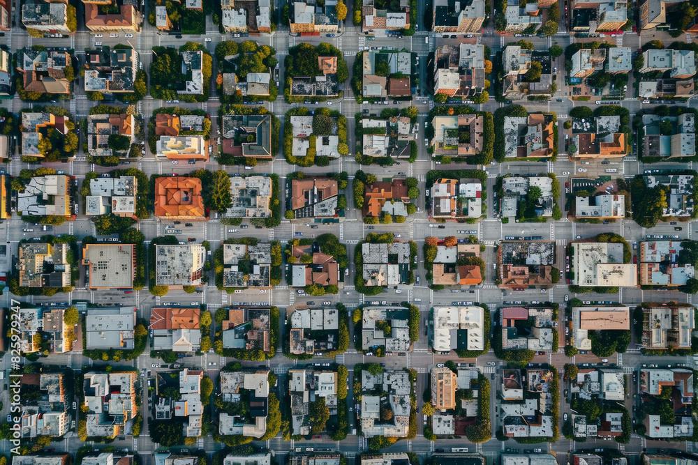 Top-down aerial view of a city grid, focusing on the symmetry and repetitive patterns of streets and buildings. 