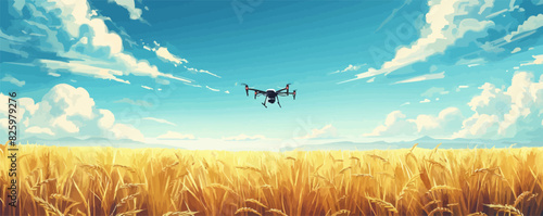Drone flies in the sky over rice and wheat fields. vector simple illustration