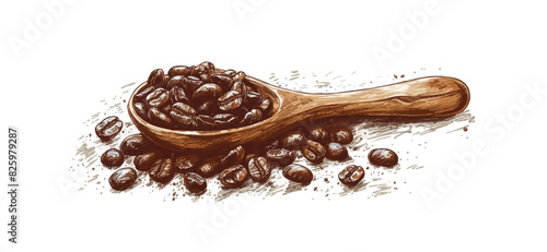 Grains of roasted coffee with a wooden spatula. Hand drawn sketch vintage. vector simple illustration