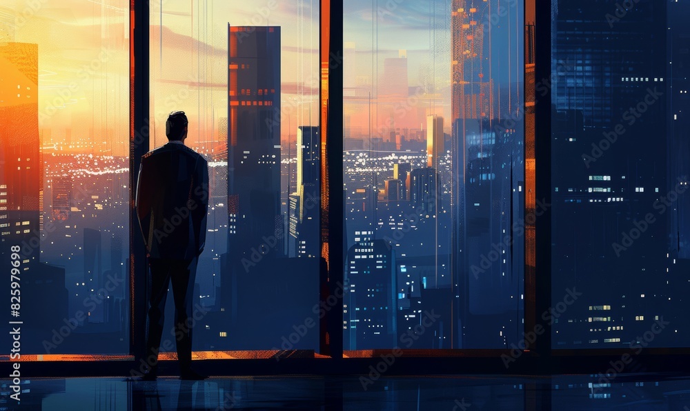 A CEO standing by the window, looking out over the city skyline A CEO standing by the window, looking out over the city skyline