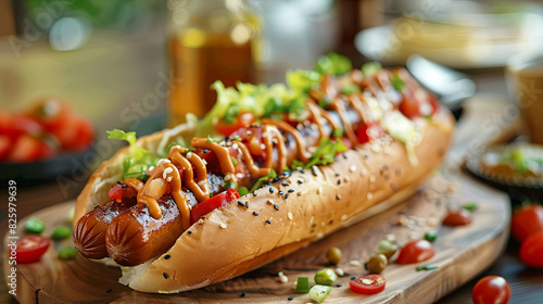 Delicious juicy hotdog on a wooden kitchen board
