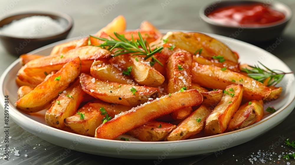 Mouthwatering Crispy Seasoned Potato Fries Served with Savory Tomato Dipping Sauce on White Plate Mouthwatering Crispy Seasoned Potato Fries Served with Savory Tomato Dipping Sauce on White Plate