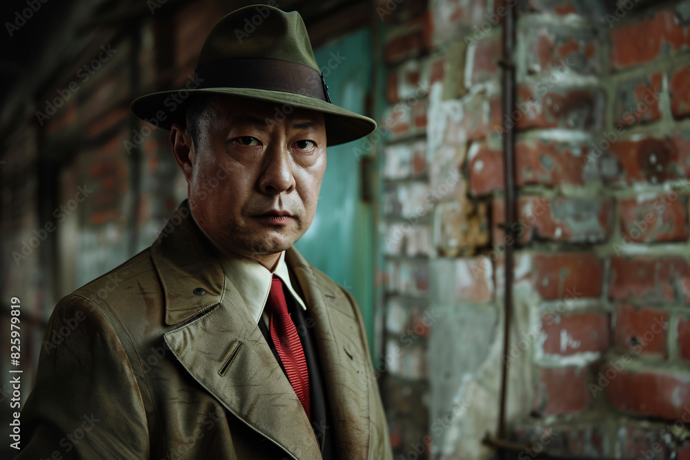 Chinese spy concept, a man wearing a red tie, a hat and a trenchcoat Chinese spy concept, a man wearing a red tie, a hat and a trenchcoat