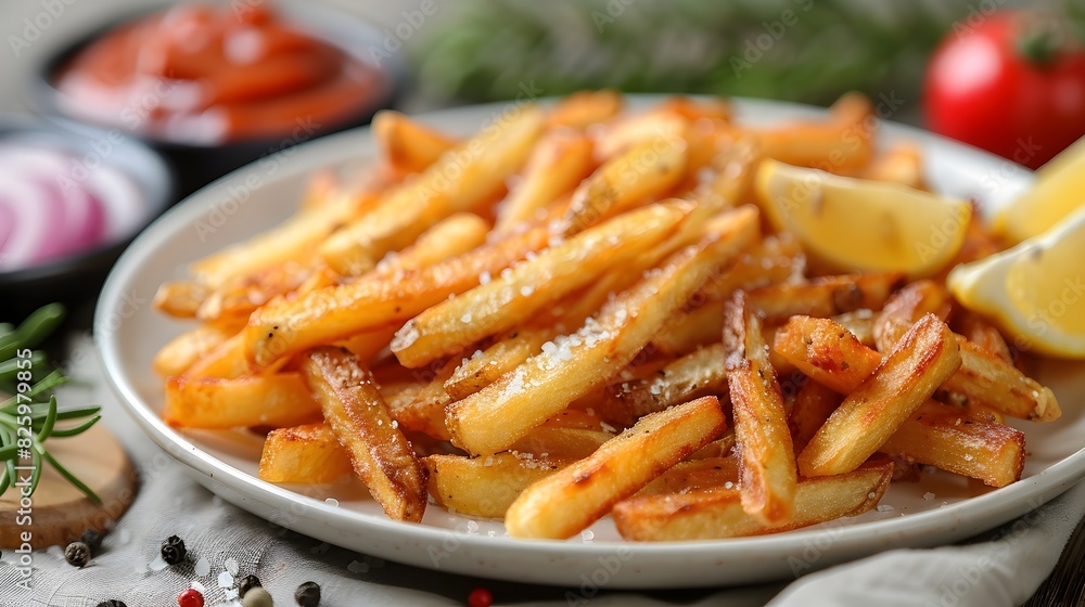 Delectable Golden French Fries Served in a Rustic Dish with Ketchup and Lemon Garnish a Tempting Fast Food Favorite Delectable Golden French Fries Served in a Rustic Dish with Ketchup and Lemon Garnish a Tempting Fast Food Favorite