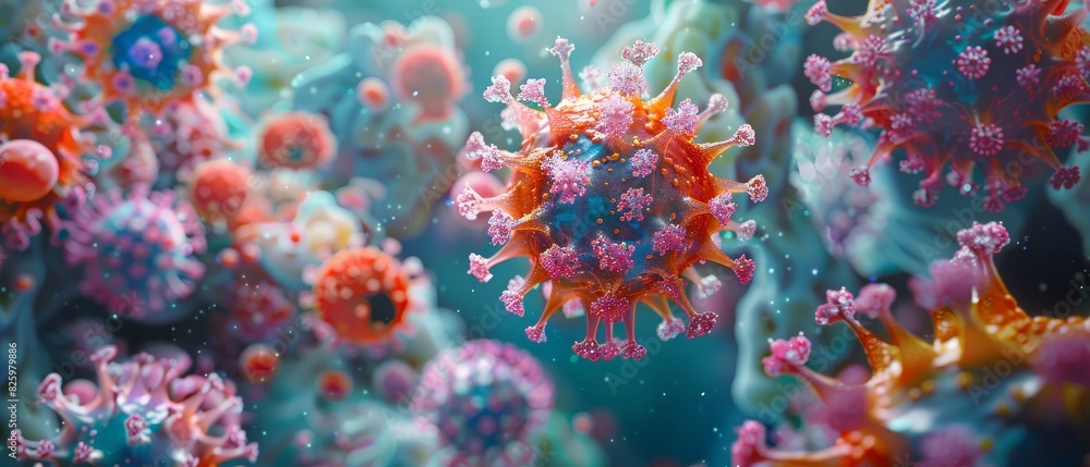 Artistic visualization of a virus, colorful molecular details, intricate patterns, scientific marvel, vibrant hues Artistic visualization of a virus, colorful molecular details, intricate patterns, scientific marvel, vibrant hues