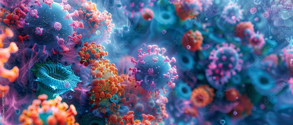 Artistic visualization of a virus, colorful molecular details, intricate patterns, scientific marvel, vibrant hues