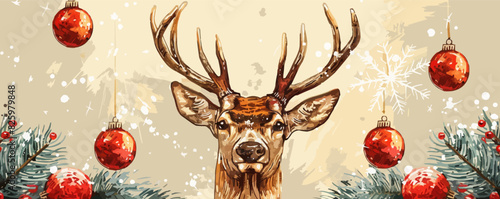 Deer portrait with christmas balls on antlers hand drawn