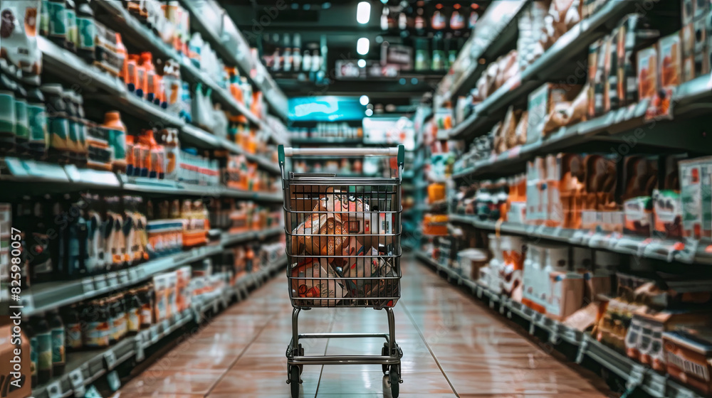 Shopping concept, cart with goods on supermarket background Shopping concept, cart with goods on supermarket background