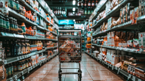 Shopping concept, cart with goods on supermarket background
