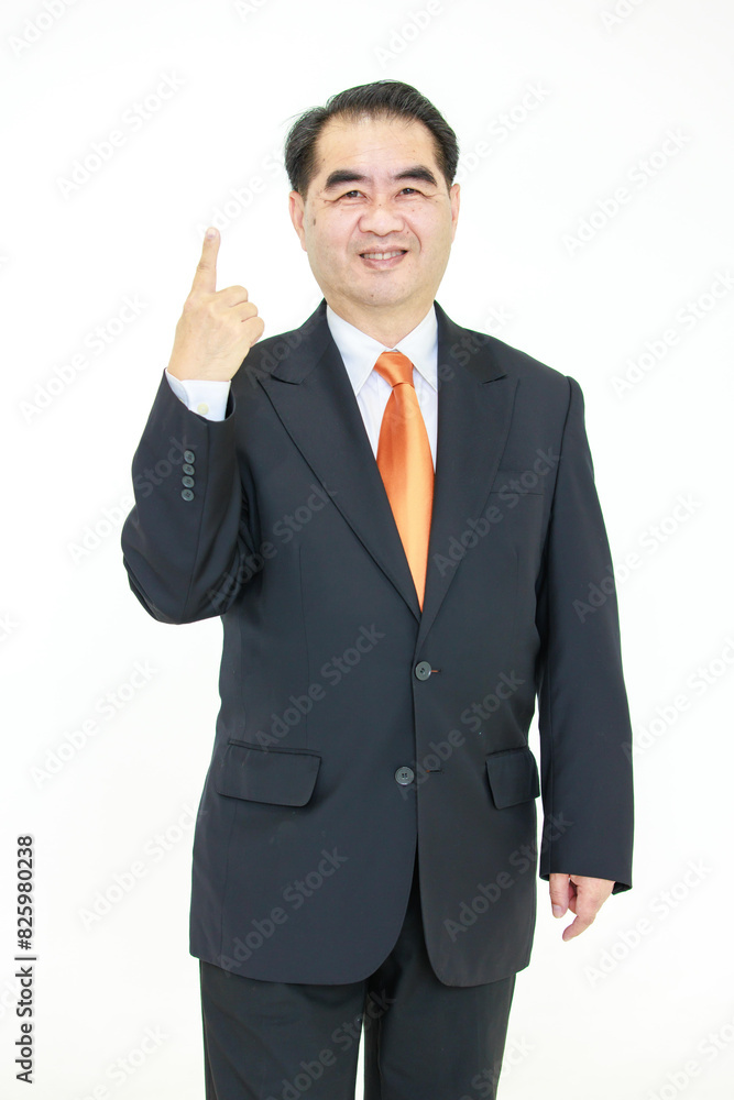 Asian senior businessman, an old man with black suit orange necktie, feel happy, smiling, good health isolated on white background. Concept for senior business successful professional. Asian senior businessman, an old man with black suit orange necktie, feel happy, smiling, good health isolated on white background. Concept for senior business successful professional.