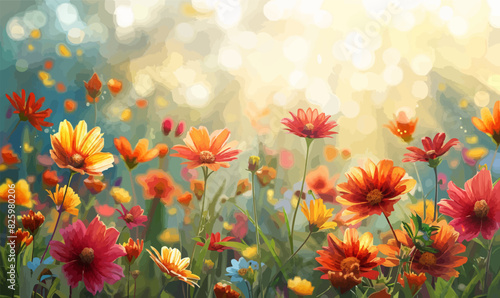 A blossoming field with vibrant flowers, catching the eye under the sun's rays. Vector