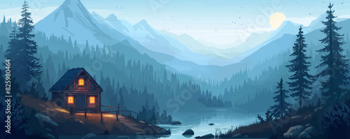 Wooden cabin in pine forest. Mountain landscape, rest at nature sketch. vector simple illustration