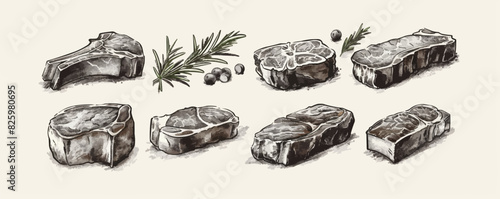 Hand drawn cuts of beef. Grilled meat sketch. Steak house, grill restaurant menu.. vector simple illustration