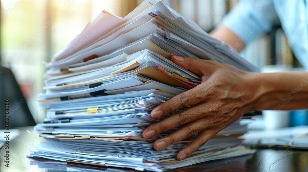 Close-up of a person organizing a large stack of papers and documents on a busy office desk, showcasing effort and productivity. Close-up of a person organizing a large stack of papers and documents on a busy office desk, showcasing effort and productivity.