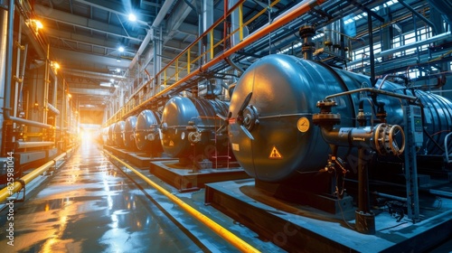 Large industrial machinery and metallic tanks line a brightly lit factory hallway, reflecting the warm sunset light streaming in from the left.