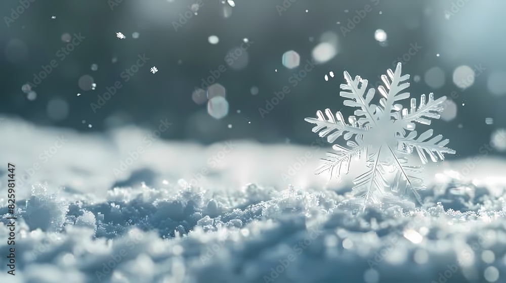 A snowflake falling gently towards a soft, powdery snow surface, with a background of snow particles A snowflake falling gently towards a soft, powdery snow surface, with a background of snow particles