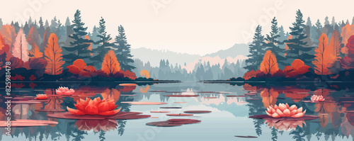 Forest lake reflecting autumn colors and floating lilies on the water surface. Digital art style vector flat minimalistic isolated illustration.