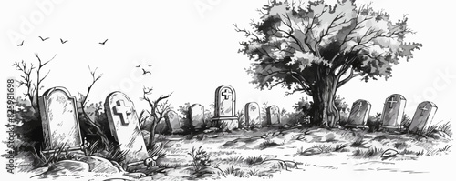 Old vintage cemetery sketch hand drawn line art . vector simple illustration