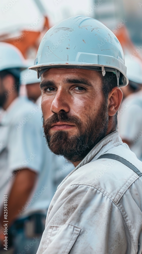 Portrait of a focused construction worker with a beard wearing a white hard hat among other workers Portrait of a focused construction worker with a beard wearing a white hard hat among other workers